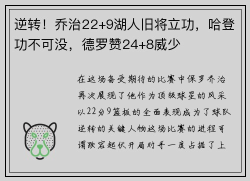 逆转！乔治22+9湖人旧将立功，哈登功不可没，德罗赞24+8威少