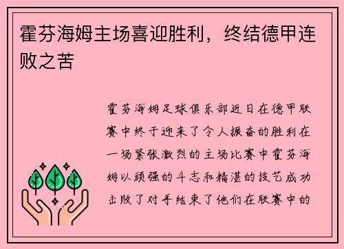 霍芬海姆主场喜迎胜利，终结德甲连败之苦