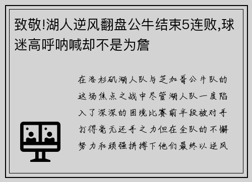 致敬!湖人逆风翻盘公牛结束5连败,球迷高呼呐喊却不是为詹