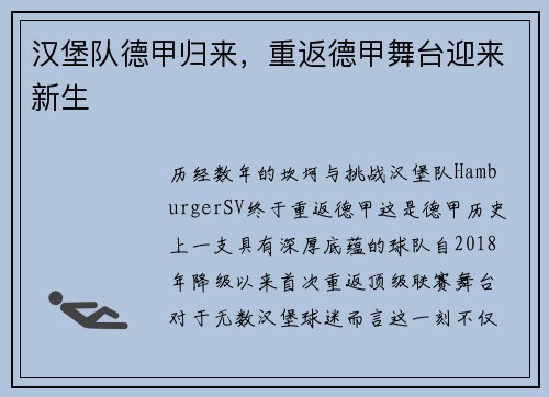 汉堡队德甲归来，重返德甲舞台迎来新生
