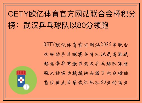 OETY欧亿体育官方网站联合会杯积分榜：武汉乒乓球队以80分领跑