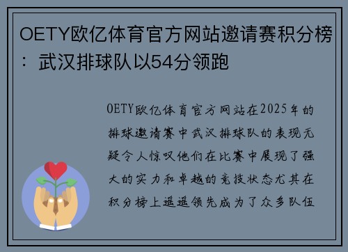 OETY欧亿体育官方网站邀请赛积分榜：武汉排球队以54分领跑