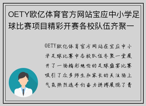 OETY欧亿体育官方网站宝应中小学足球比赛项目精彩开赛各校队伍齐聚一堂争夺冠军荣耀